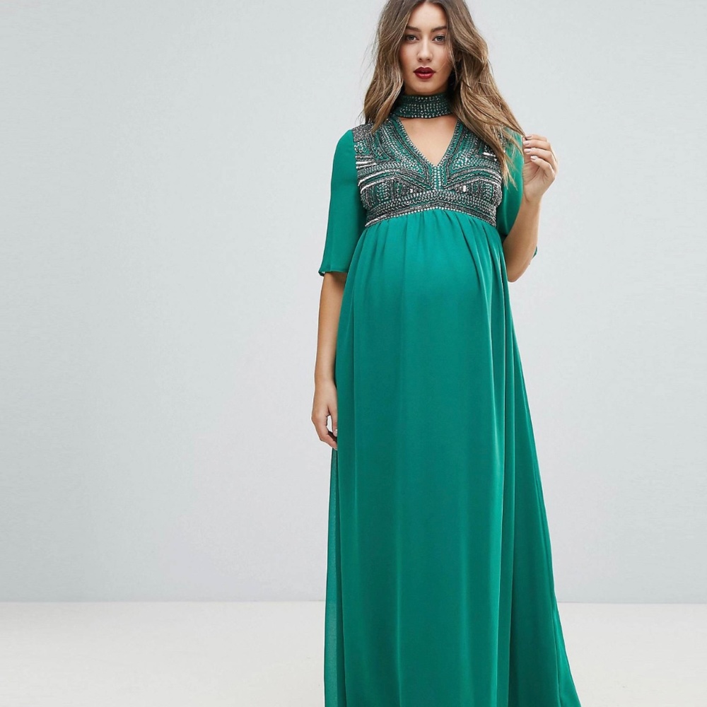 Green embellished maternity dress